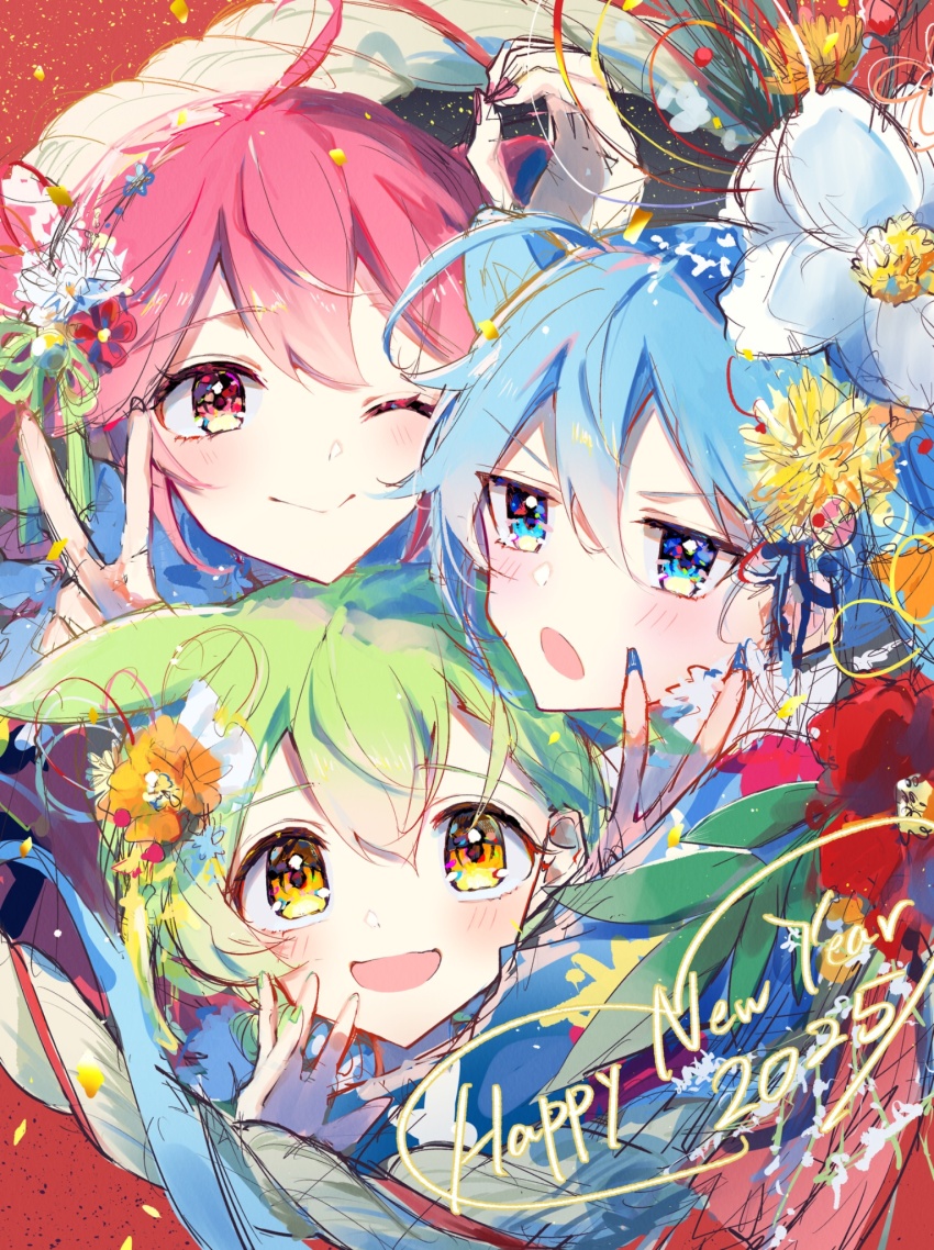 2025, 3girls, :d, ahoge, animal_ears, blue_nails, blush, brown_eyes