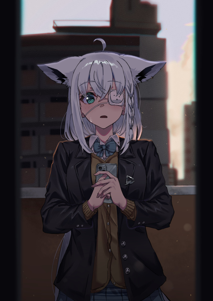 1girl, absurdres, ahoge, animal_ears, aqua_eyes, black_jacket, brown_sweater_vest, cellphone