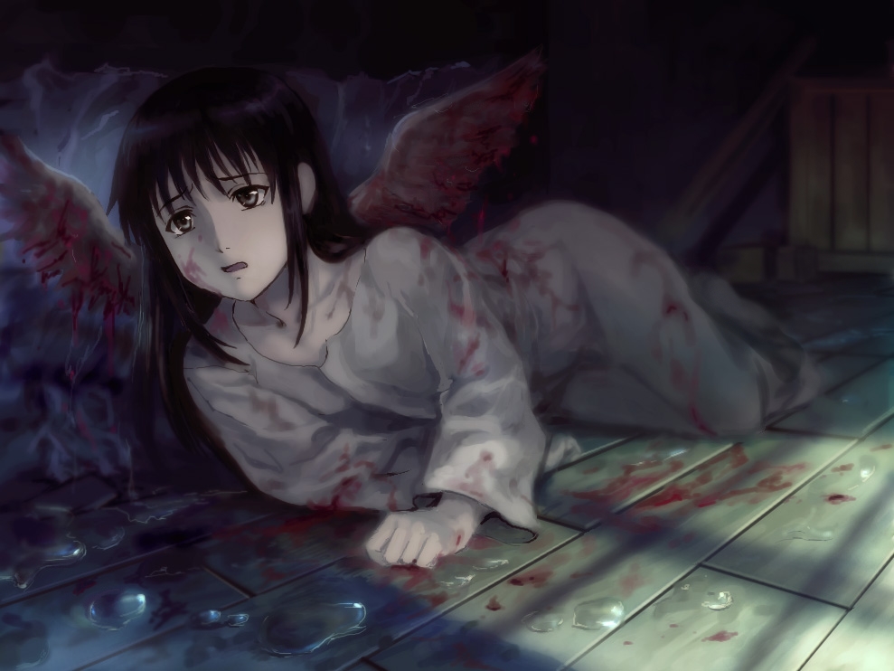 00s, 1girl, black_eyes, black_hair, blood, blood_on_face, blood_on_clothes, eyebrows