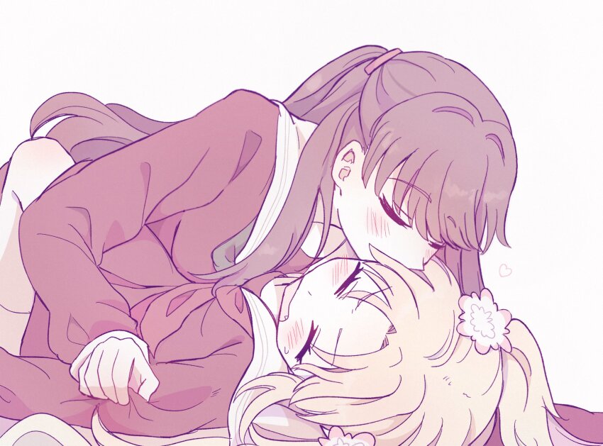 2girls, biting, biting_ear, blonde_hair, blush, breasts, brown_dress, brown_hair