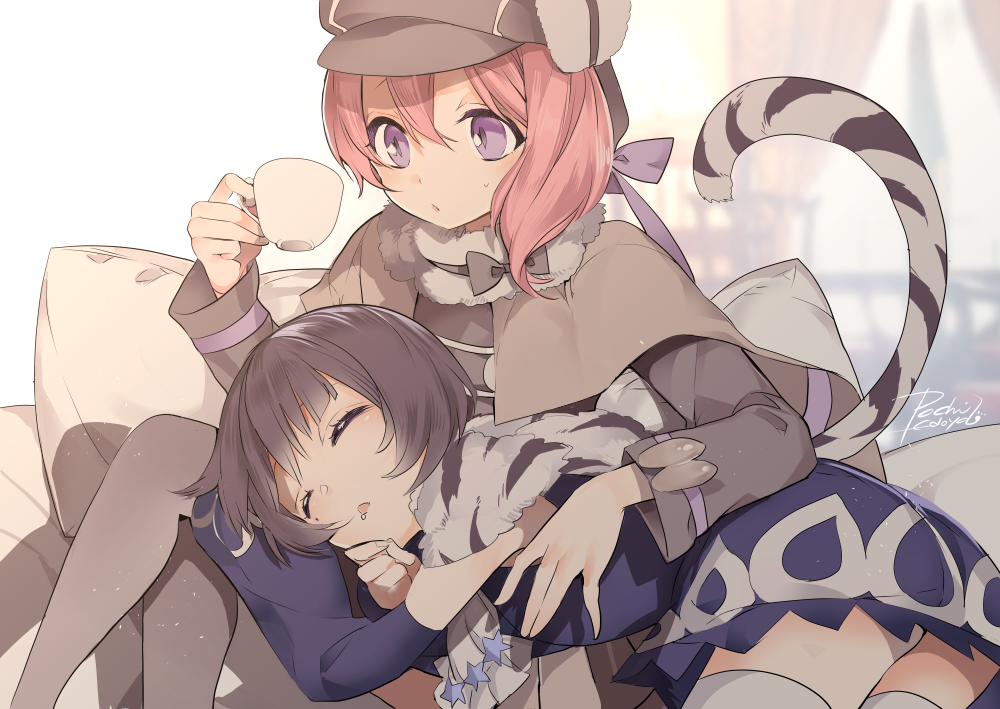 black_bow, black_bowtie, black_thighhighs, bow, bowtie, brown_capelet, brown_hair, capelet