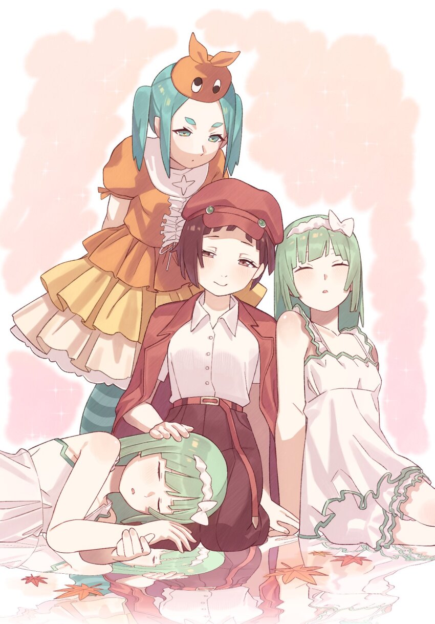 4girls, aqua_hair, arms_behind_back, belt, blue_thighhighs, blunt_bangs, bow_hairband, breasts