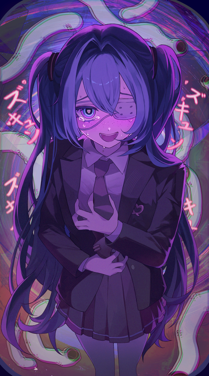 1girl, absurdres, adjusting_clothes, adjusting_necktie, black_jacket, black_necktie, black_skirt, blue_hair