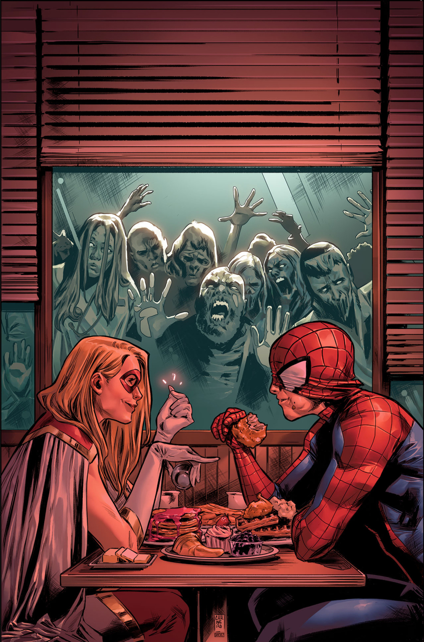 2girls, 6+boys, alejandro_sanchez, artist_collaboration, blonde_hair, blue_bodysuit, blueberry, bodysuit, cape, carmen_carnero, chicken_(food), croissant, domino_mask, eating, eye_mask, food, fried_chicken, fruit, gloves, highres, indoors, marvel, mask, mask_lift, multicolored_bodysuit, multiple_boys, multiple_girls, pancake, pancake_stack, plate, red_bodysuit, red_mask, ripley_ryan, sitting, spider-man, spider-man_(original_suit), spider-man_(series), star_(marvel), strawberry, superhero_costume, two-tone_bodysuit, waffle, white_cape, white_gloves, zombie