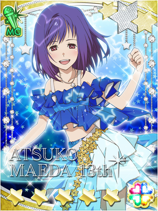 1girl, :d, akb0048, blue_background, blue_shirt, blue_skirt, card_(medium), character_name