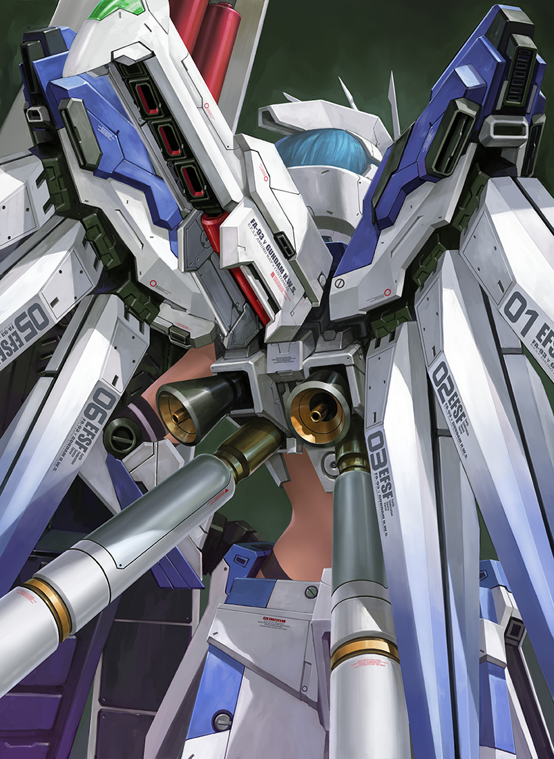 blue_hair, cannon, char's_counterattack, char's_counterattack_-_beltorchika's_children, gundam, helmet, hi-nu_gundam, hi-nu_gundam_hws, machinery, mecha_musume, no_humans, nu_gundam_hws, turret, zhenlin