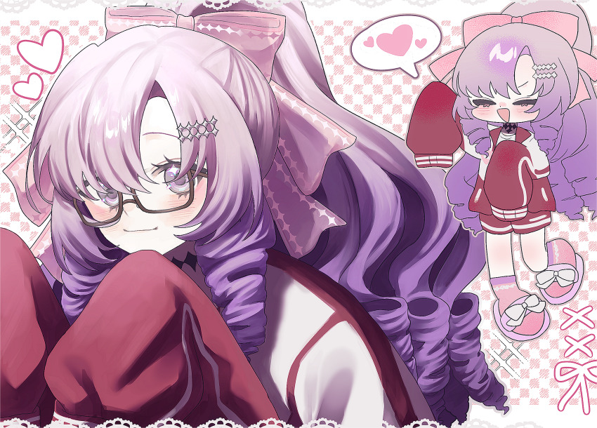 1girl, blush, bow, closed_eyes, closed_mouth, commentary_request, drill_hair, eyelashes, glasses, hair_bow, hair_ornament, hairclip, heart, high_ponytail, highres, hyakumantenbara_salome, hyakumantenbara_salome_(casual), jacket, long_hair, long_sleeves, nailu, nijisanji, official_alternate_costume, open_mouth, parted_bangs, pink_socks, ponytail, purple_eyes, purple_hair, red_jacket, red_shorts, shirt, shorts, sleeves_past_fingers, sleeves_past_wrists, slippers, socks, tattoo, track_jacket, virtual_youtuber, white_shirt