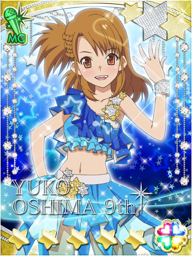 1girl, :d, akb0048, blue_background, blue_shirt, blue_skirt, braid, brown_eyes