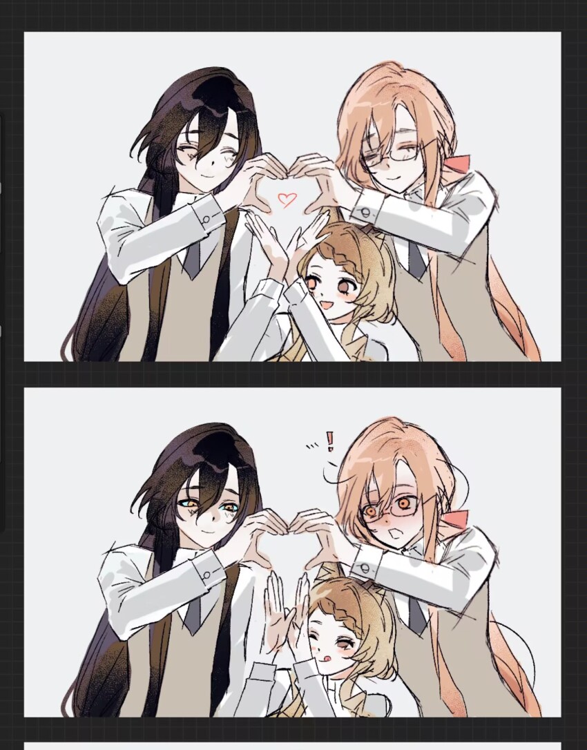 !, 1girl, 2boys, black_background, black_hair, bow, braid, brown_eyes