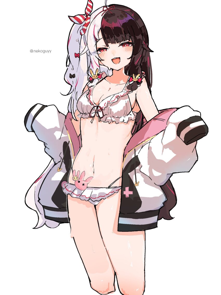 :d, ahoge, arms_up, bikini, black_bow, blunt_bangs, border, bow