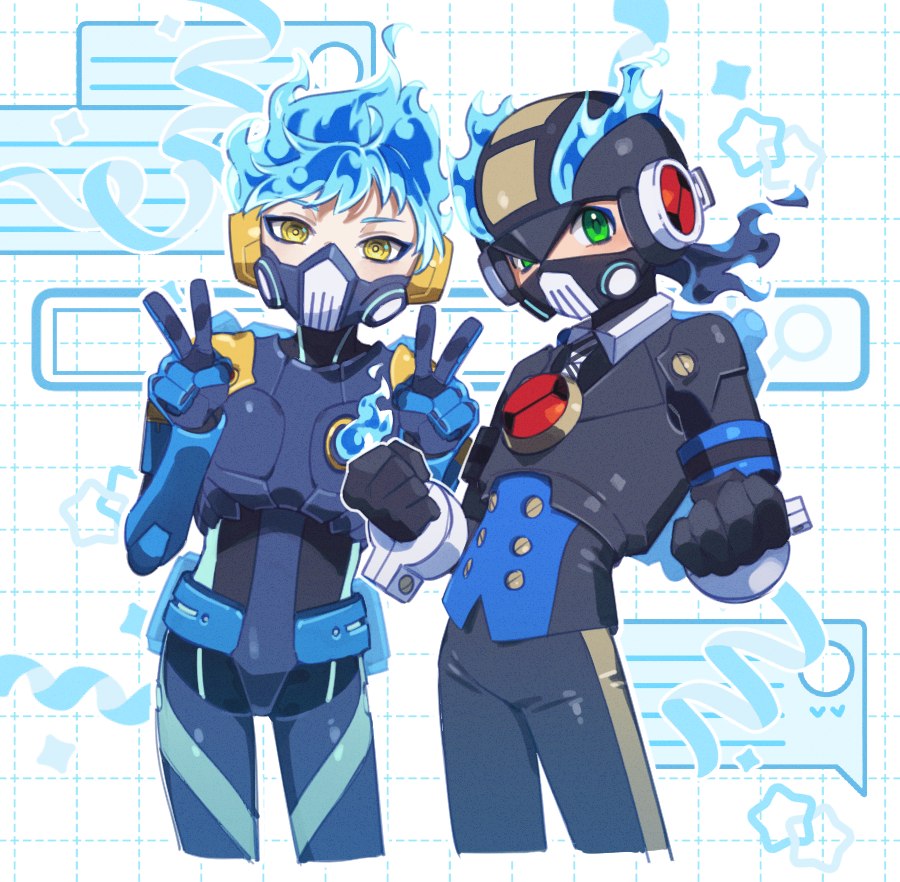 2boys, armor, black_bodysuit, black_helmet, blue_armor, blue_fire, bodysuit, butler, cropped_jacket, crossover, double_v, fiery_hair, fire, green_eyes, helmet, mask, mega_man_(series), mega_man_battle_network_(series), megaman.exe, mouth_mask, multiple_boys, ortho_shroud, taaaango, twisted_wonderland, v, wrist_cuffs, yellow_eyes