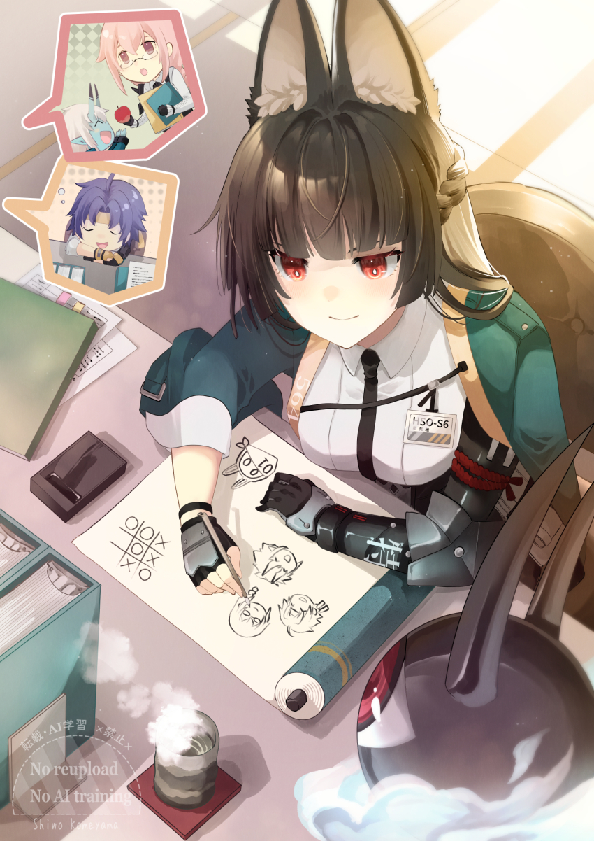 1boy, 3girls, animal_ear_fluff, animal_ears, asaba_harumasa, black_gloves, black_skirt, blue_skin