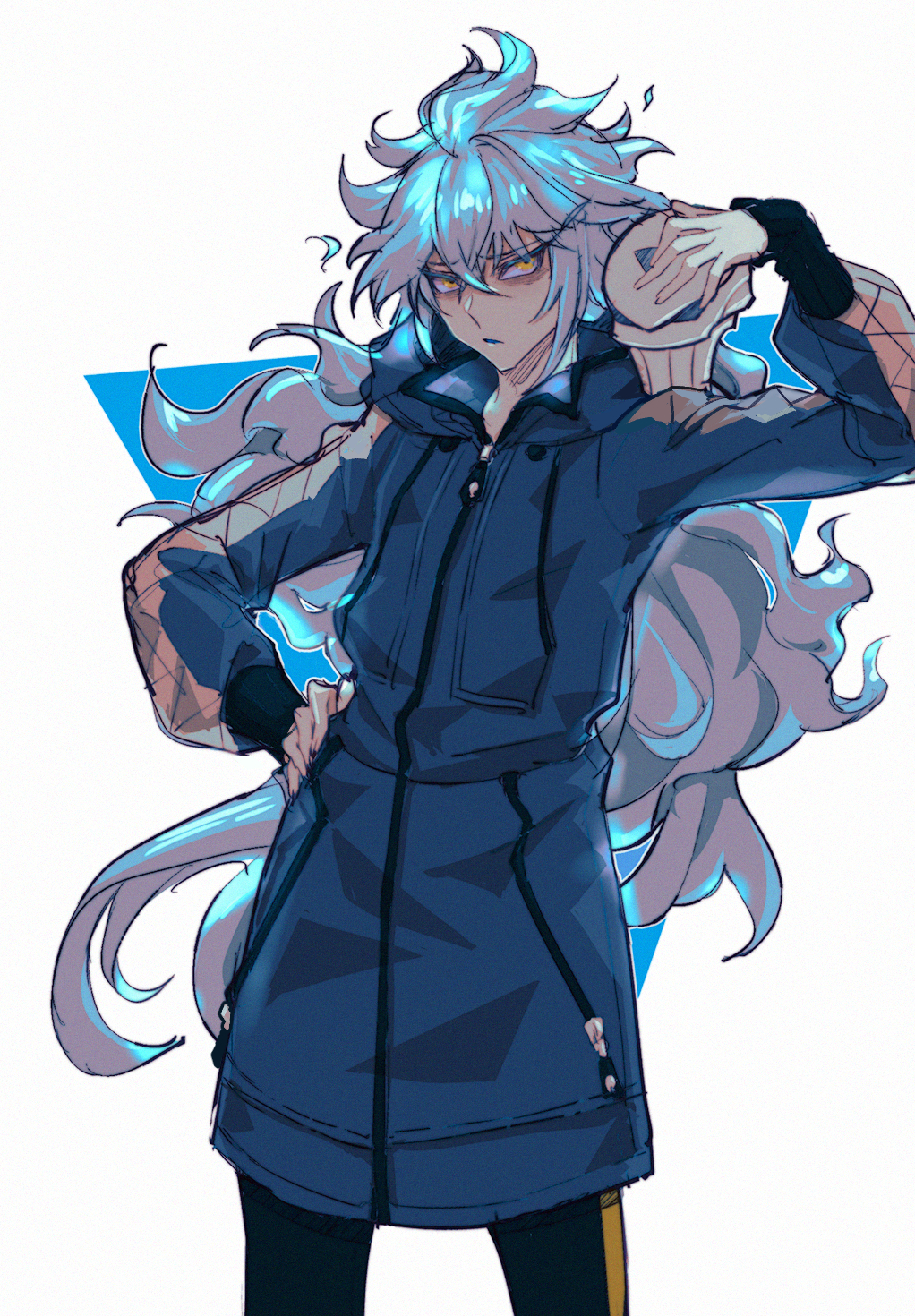 1boy, bags_under_eyes, black_pants, blue_background, blue_hair, blue_jacket, blue_lips, closed_mouth