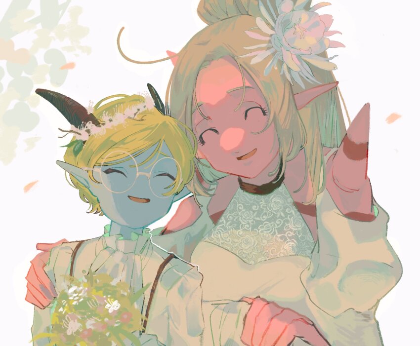 1boy, 1girl, alternate_costume, black_horns, blonde_hair, blue_skin, bouquet, closed_eyes