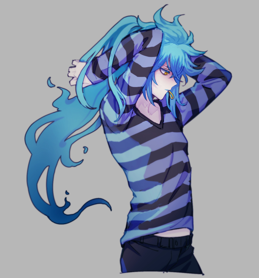1boy, adjusting_hair, arms_up, black_pants, blue_hair, blue_shirt, colored_eyelashes, cropped_legs