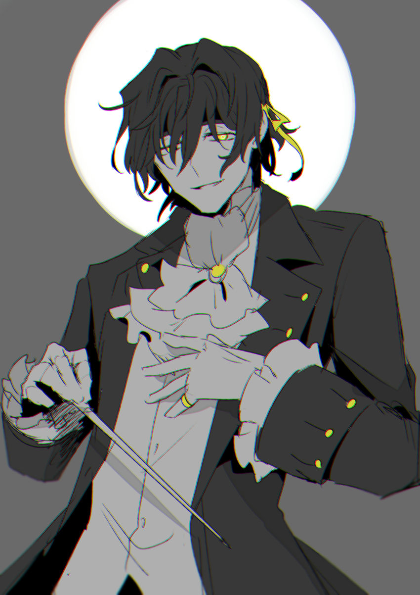 1boy, antonio_salieri_(fate), antonio_salieri_(human)_(fate), ascot, chromatic_aberration, coat, conductor_baton, fate/grand_order