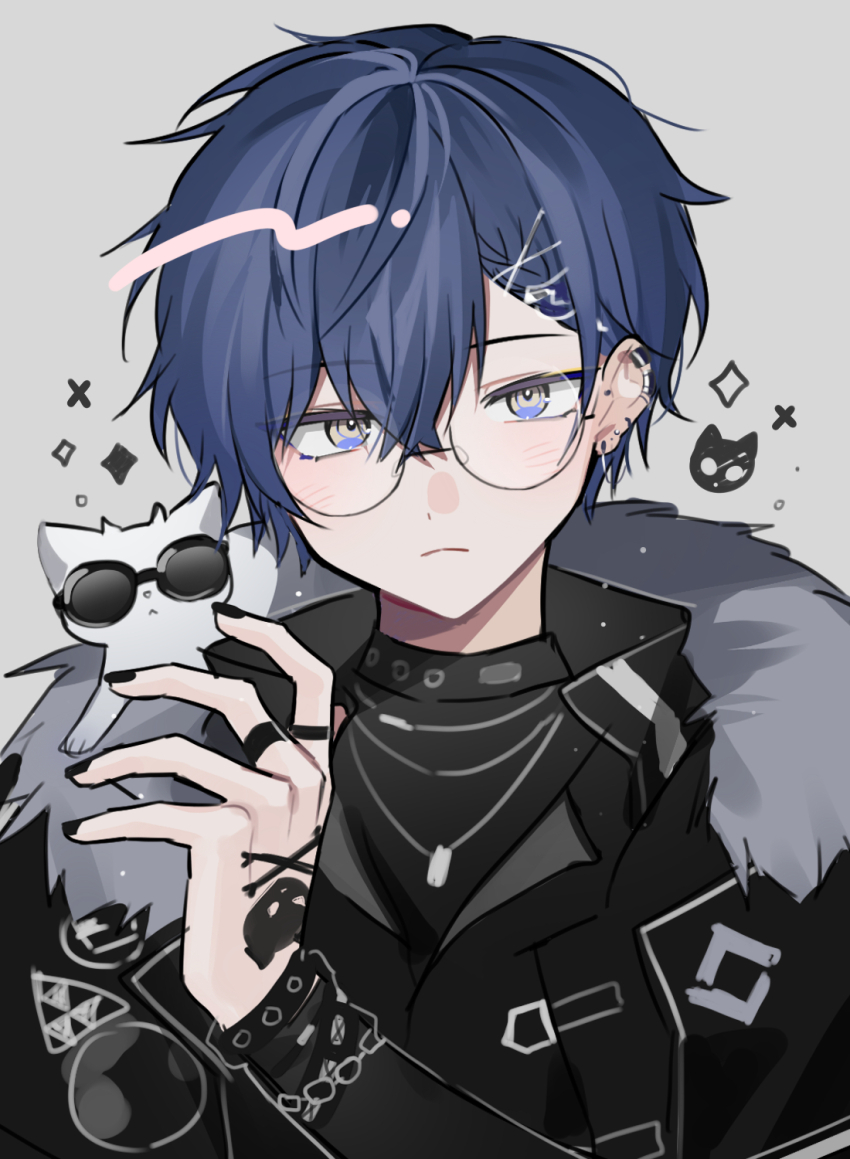 1boy, animal, animal_on_shoulder, bespectacled, black_jacket, black_shirt, blue_eyes, blue_hair