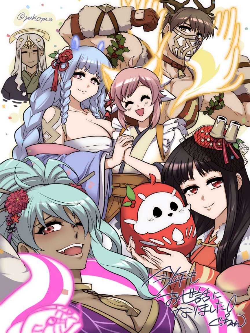 2boys, 4girls, black_hair, blue_hair, brown_hair, dark-skinned_male, dark_skin, eikthyrnir_(fire_emblem), eikthyrnir_(winter)_(fire_emblem), fire_emblem, fire_emblem_heroes, green_hair, heidrun_(fire_emblem), heidrun_(fire_emblem)_(new_year), hraesvelgr_(fire_emblem), hraesvelgr_(fire_emblem)_(new_year), laerathr_(fire_emblem), multiple_boys, multiple_girls, nidhoggr_(fire_emblem), nidhoggr_(fire_emblem)_(new_year), nintendo, official_alternate_costume, ponytail, ratatoskr_(fire_emblem), ratatoskr_(fire_emblem)_(new_year), siblings, yuki_cryp_a