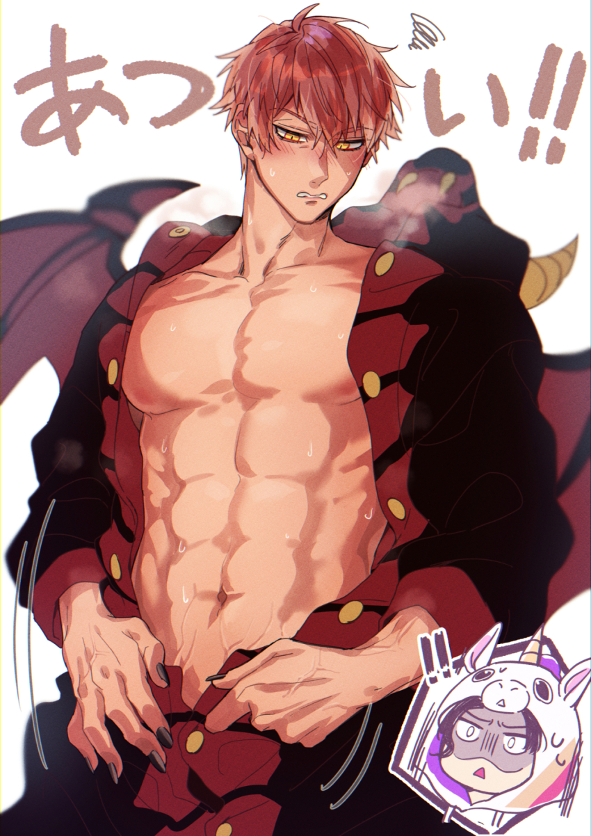 !, !!, 2boys, abs, animal_costume, black_nails, blush, breath