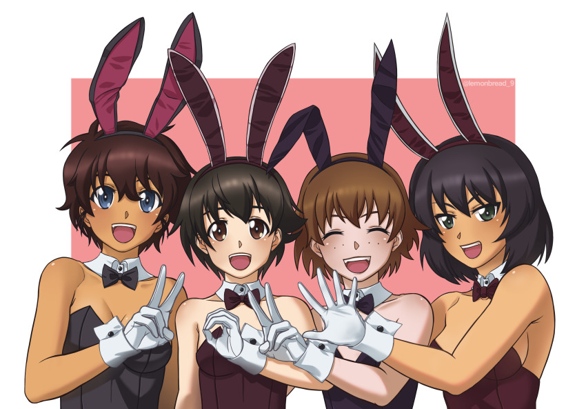 4girls, absurdres, animal_ears, black_hair, black_leotard, bow, bowtie, breasts