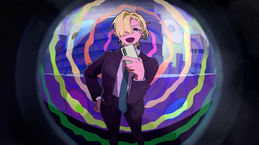1boy, black_jacket, black_pants, blazer, blonde_hair, blue_eyes, blue_necktie, cityscape