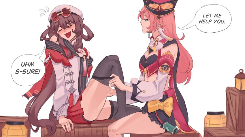 2girls, absurdres, artist_name, black_thighhighs, blush, box, brown_hair, closed_eyes, commentary, crop_top, detached_sleeves, english_commentary, english_text, eyewear_on_head, flying_sweatdrops, genshin_impact, green_eyes, hair_rings, hat, heart, heart_in_mouth, highres, horns, hu_tao_(cherries_snow-laden)_(genshin_impact), hu_tao_(genshin_impact), ikkuccino, long_hair, long_sleeves, multiple_girls, on_box, open_mouth, pink_hair, red-tinted_eyewear, red_nails, red_skirt, round_eyewear, simple_background, sitting, skirt, speech_bubble, sunglasses, thighhighs, tinted_eyewear, twintails, undressing_another, white_background, white_hat, xiezhi_guan, yanfei_(genshin_impact), yuri