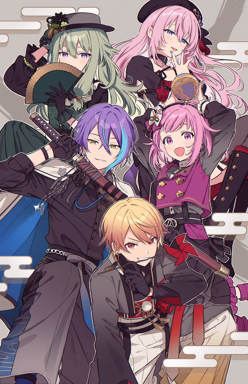 2boys, 3girls, :d, alternate_costume, arms_up, ball, beret, black_gloves