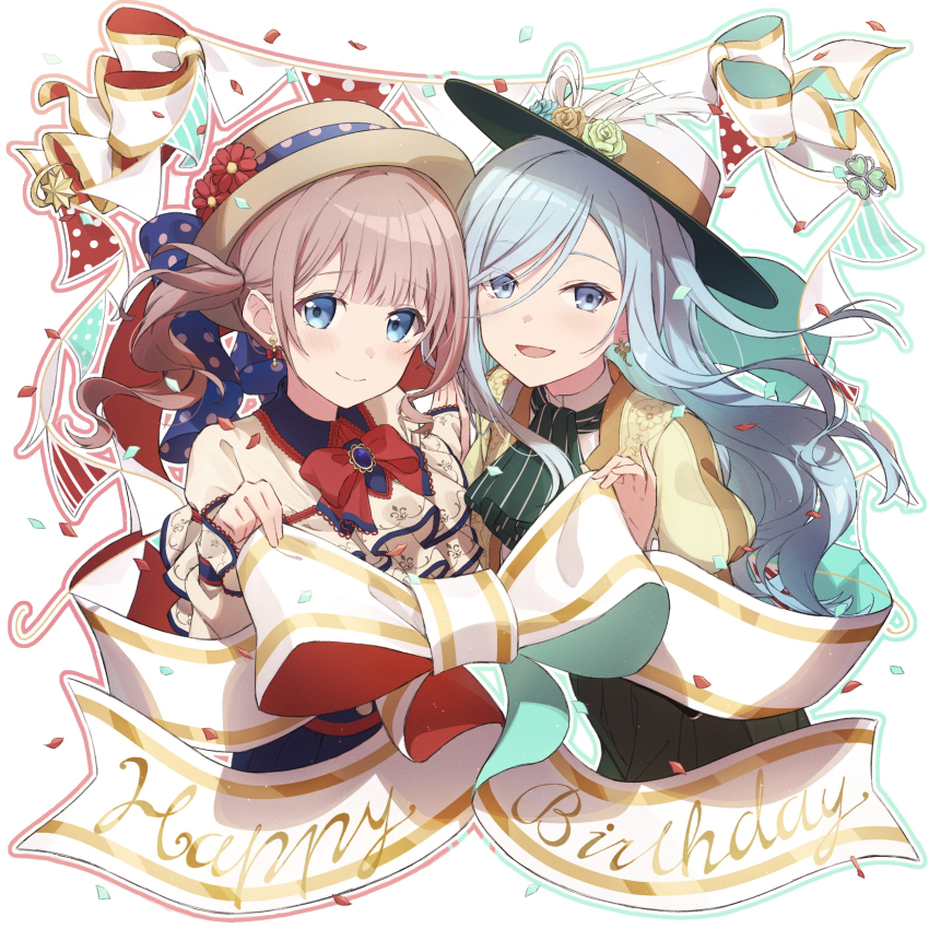 2girls, absurdres, aqua_flower, aqua_outline, aqua_rose, ascot, asunaro_(vxsz5k_mamun), blouse