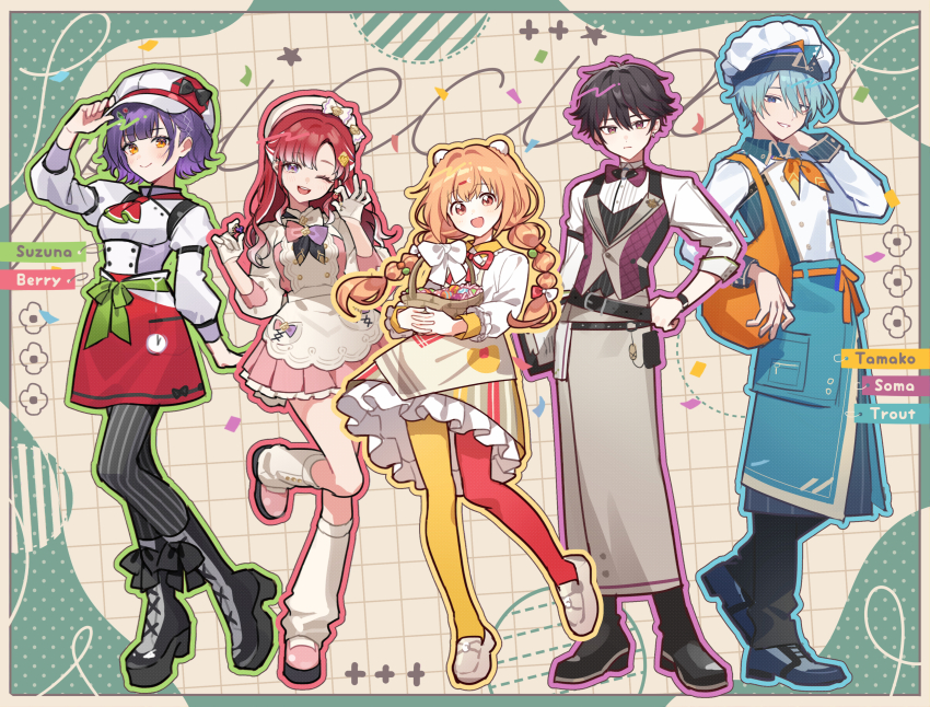 2boys, 3girls, absurdres, apron, basket, belt, black_footwear, black_hair, black_pants, black_pantyhose, blue_eyes, blue_hair, bow, bowtie, braid, brown_background, newsboy_cap, character_name, closed_mouth, commentary_request, dress, gloves, green_background, green_belt, grid_background, hands_up, hat, highres, holding, holding_basket, kirara_tamako, kirara_tamako_(1st_costume), leg_warmers, long_hair, looking_at_viewer, multicolored_hair, multiple_boys, multiple_girls, nagisa_trout, nagisa_trout_(1st_costume), nanase_suzuna, nanase_suzuna_(1st_costume), nijisanji, one_eye_closed, open_mouth, orange_background, orange_bow, orange_bowtie, orange_hair, outline, pants, pantyhose, pink_bow, pink_bowtie, pink_dress, pink_shoes, pleated_skirt, puffy_sleeves, purple_bow, purple_bowtie, purple_eyes, purple_hair, red_hair, red_pantyhose, red_skirt, sakayori_soma, sakayori_soma_(1st_costume), saotome_berry, saotome_berry_(1st_costume), shirt, shoes, short_hair, skirt, sleeves_rolled_up, smile, speciale_(nijisanji), standing, standing_on_one_leg, streaked_hair, striped_clothes, striped_pantyhose, striped_skirt, twin_braids, two-tone_bow, two-tone_bowtie, vertical-striped_clothes, vertical-striped_pantyhose, vertical-striped_skirt, vest, virtual_youtuber, waka_(wk4444), white_apron, white_gloves, white_hair, white_hat, white_leg_warmers, white_shirt, yellow_eyes, yellow_pantyhose