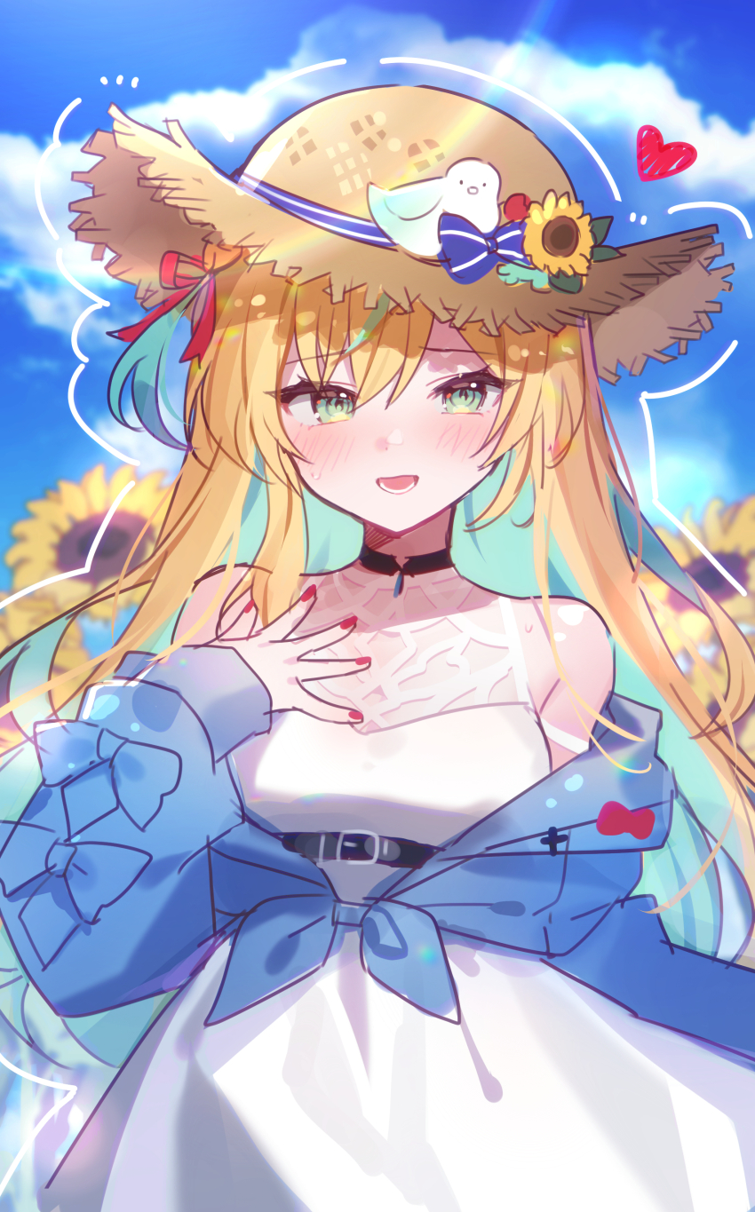 1girl, absurdres, alternate_costume, bare_shoulders, bird, blonde_hair, blue_jacket, blue_sky