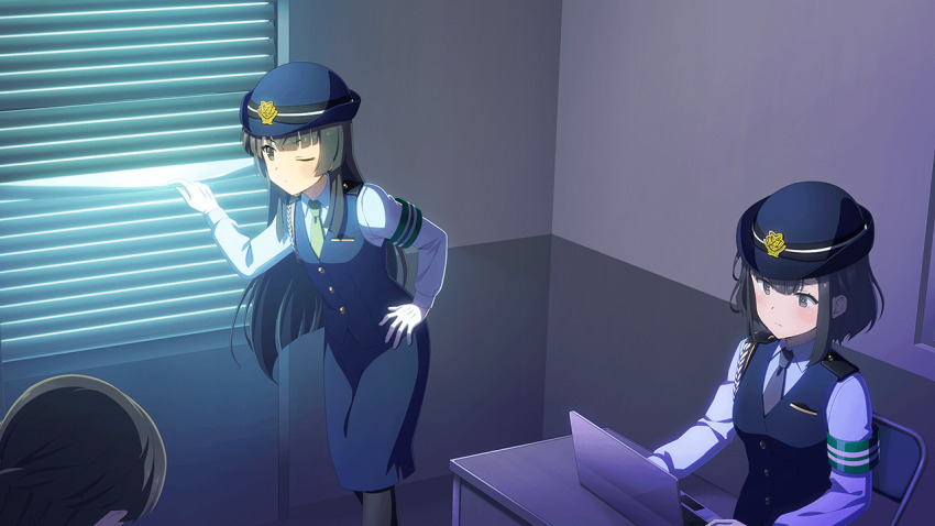3girls, armband, black_hair, black_pantyhose, blue_hat, blue_shirt, blue_skirt, blue_vest, blunt_bangs, brown_eyes, computer, game_cg, gloves, green_armband, green_necktie, grey_eyes, hand_on_own_hip, hat, indoors, juujou_hiyori, laptop, long_hair, long_skirt, long_sleeves, multiple_girls, necktie, nitta_hirona, non-web_source, official_art, one_eye_closed, pantyhose, pencil_skirt, police, police_hat, police_uniform, policewoman, shirt, short_hair, sidelocks, sitting, skirt, standing, toji_no_miko, toji_no_miko:_kizamishi_issen_no_tomoshibi, vest, white_gloves, window_blinds