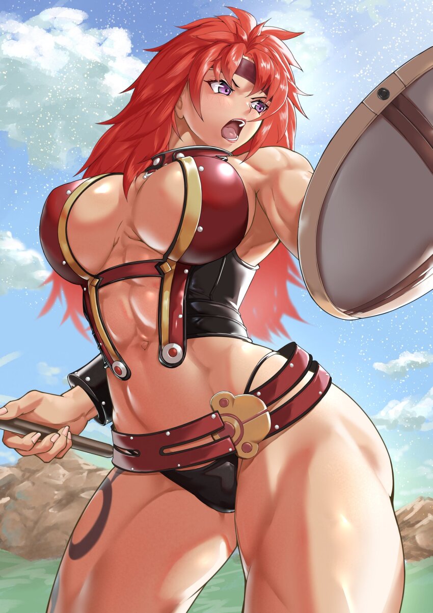 1girl, abs, armpits, breasts, commentary_request, headband, highleg, highleg_panties