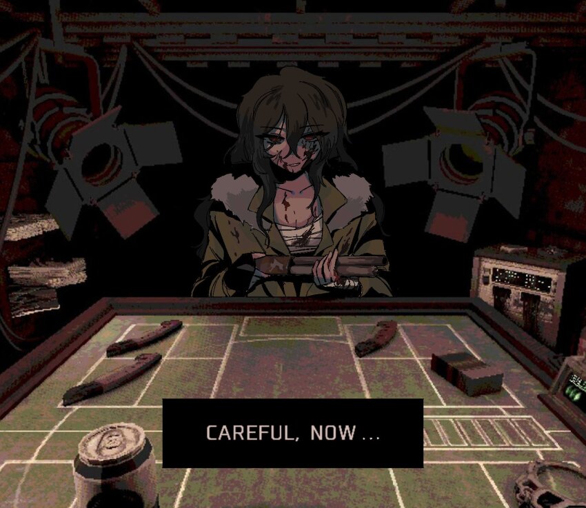 1girl, bandaged_chest, blood, blood_on_clothes, blood_on_face, breasts, brown_hair, buckshot_roulette, cleavage, closed_mouth, degrees_of_lewdity, eden_(degrees_of_lewdity), eden_(female)_(degrees_of_lewdity), english_text, green_hoodie, gun, highres, holding, holding_gun, holding_weapon, hood, hood_down, hoodie, long_hair, lunamuba21, red_eyes, rifle, scar, scar_on_face, smile, teeth, wavy_hair, weapon