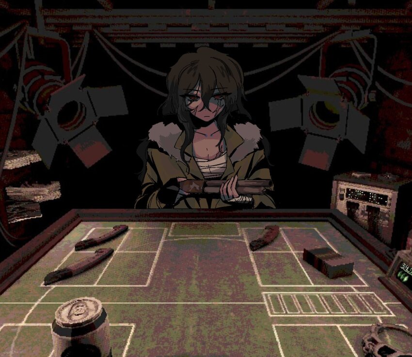 1girl, bandaged_chest, breasts, brown_hair, buckshot_roulette, cleavage, closed_mouth, degrees_of_lewdity