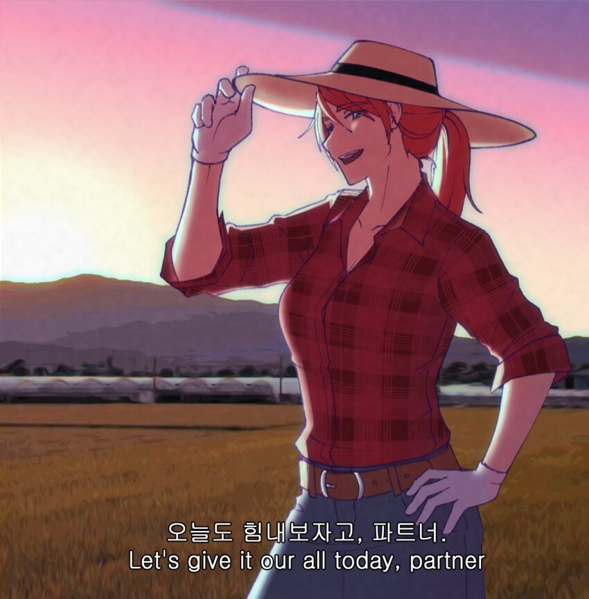 1girl, alex_(degrees_of_lewdity), alex_(female)_(degrees_of_lewdity), belt, blue_eyes, brown_belt, cowboy_hat, degrees_of_lewdity, denim, english_text, facing_to_the_side, gloves, hat, jeans, korean_text, looking_at_viewer, open_mouth, orange_hair, pants, plaid_clothes, r0ck_puri, red_shirt, shirt, sky, smile, solo, wheat_field, white_gloves