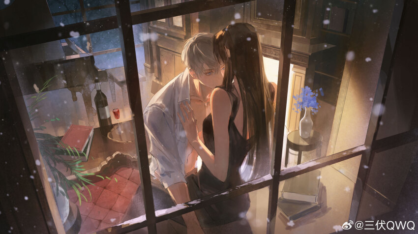 1boy, 1girl, absurdres, alcohol, bare_arms, bare_pectorals, bare_shoulders, black_dress