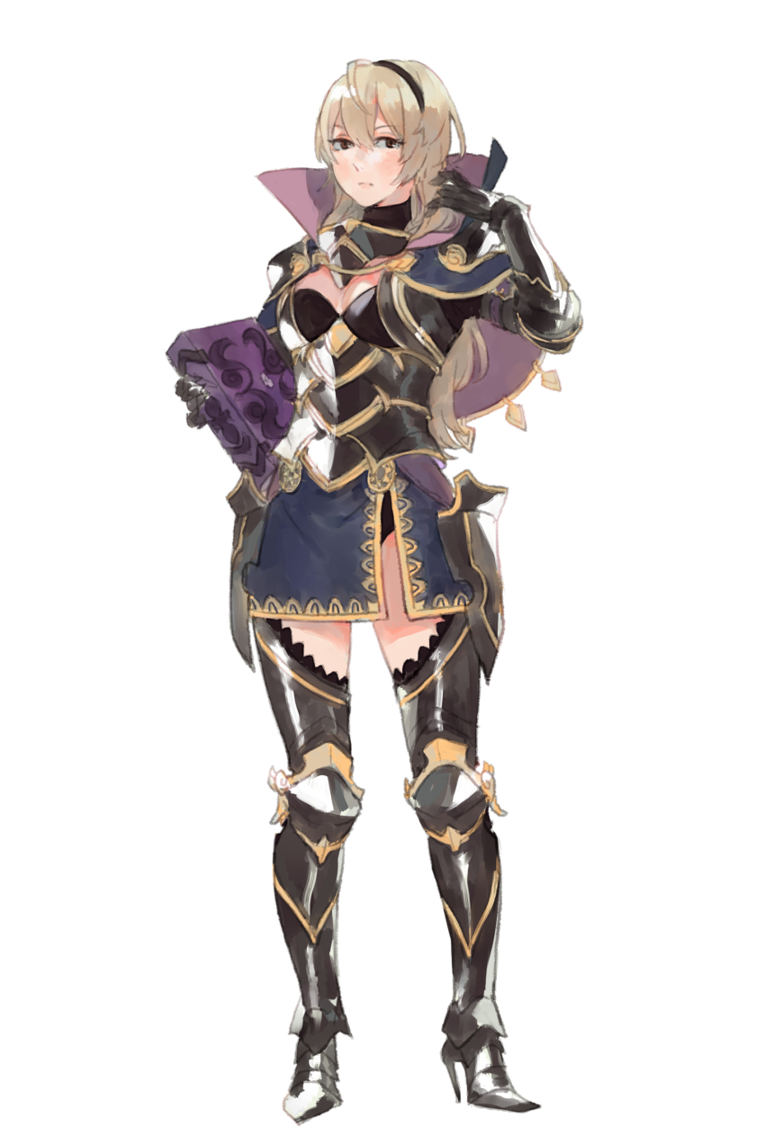 1girl, ai-wa, alternate_costume, armor, black_armor, blonde_hair, book, brynhildr_(tome)