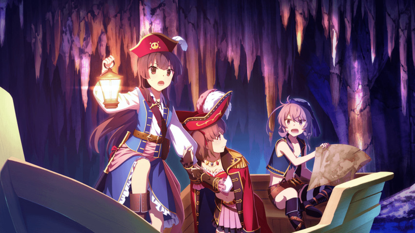 3girls, :d, arm_hug, belt, bicorne, boat, boots, brown_eyes