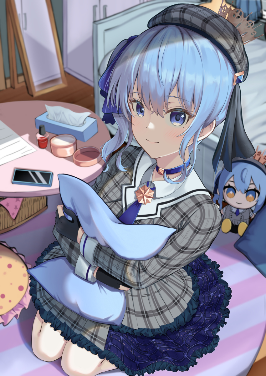 1girl, absurdres, ascot, beret, black_gloves, blue_ascot, blue_choker, blue_eyes