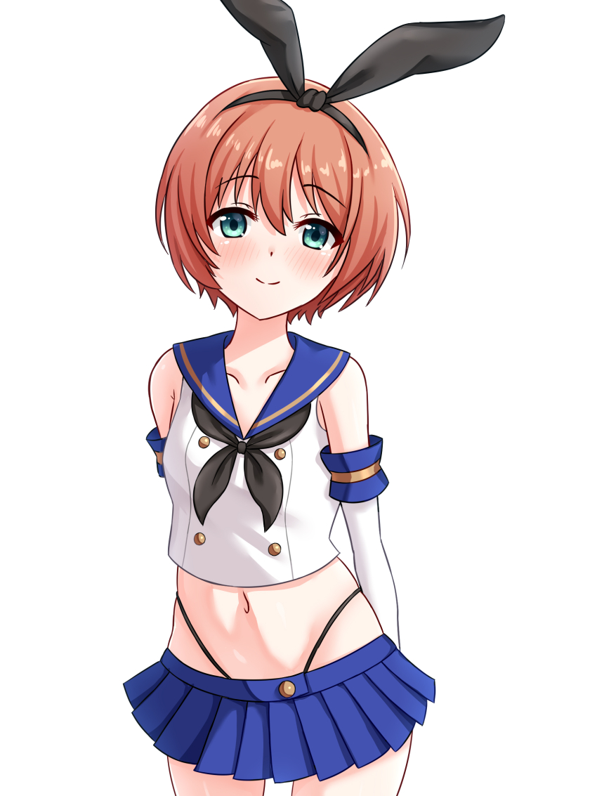 1girl, alternate_costume, animal_ear_hairband, animal_ears, arms_behind_back, black_hairband, black_neckerchief, black_panties