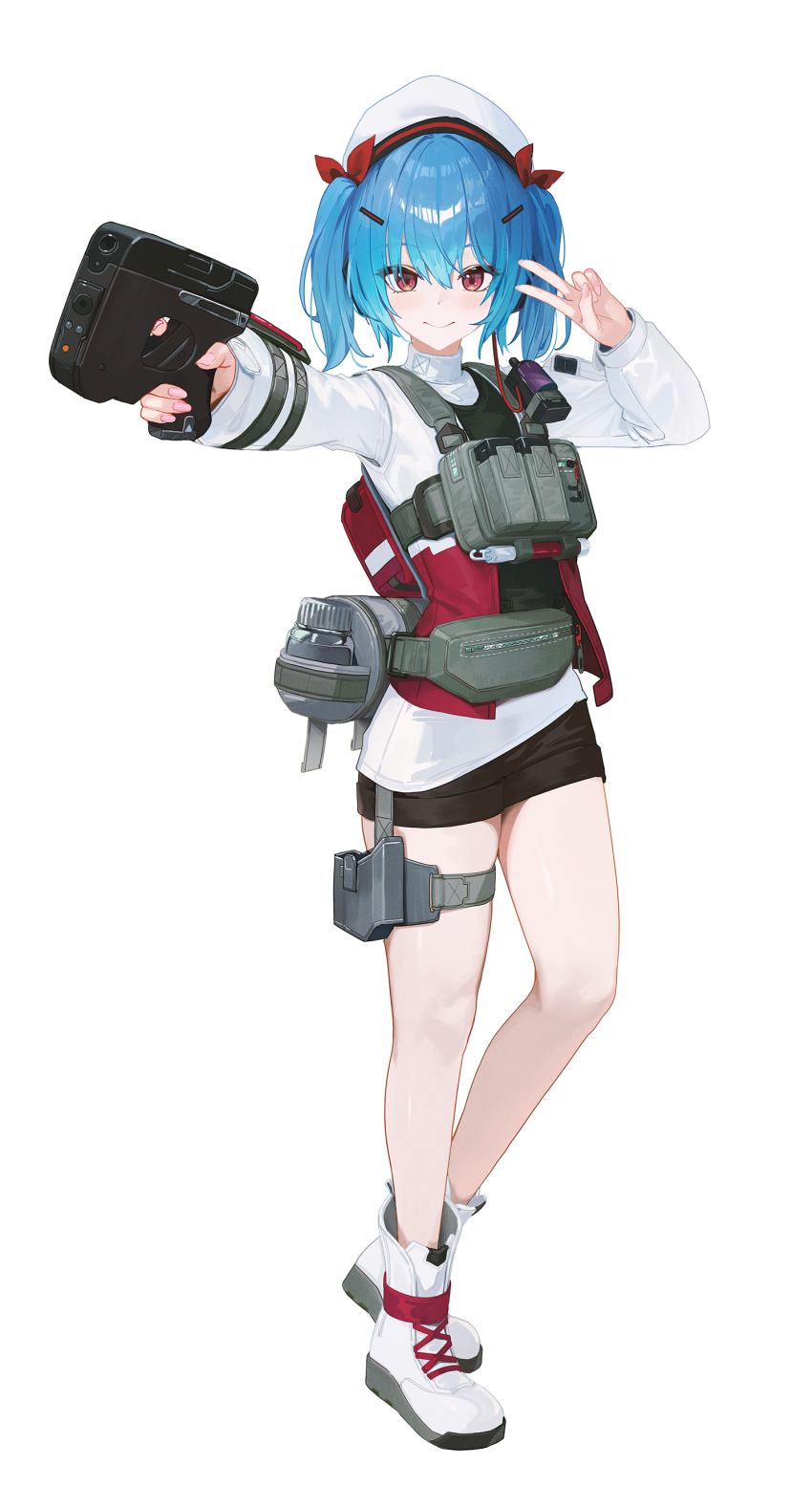 1girl, absurdres, ammunition_pouch, backpack, bag, beret, black_shorts, blue_hair