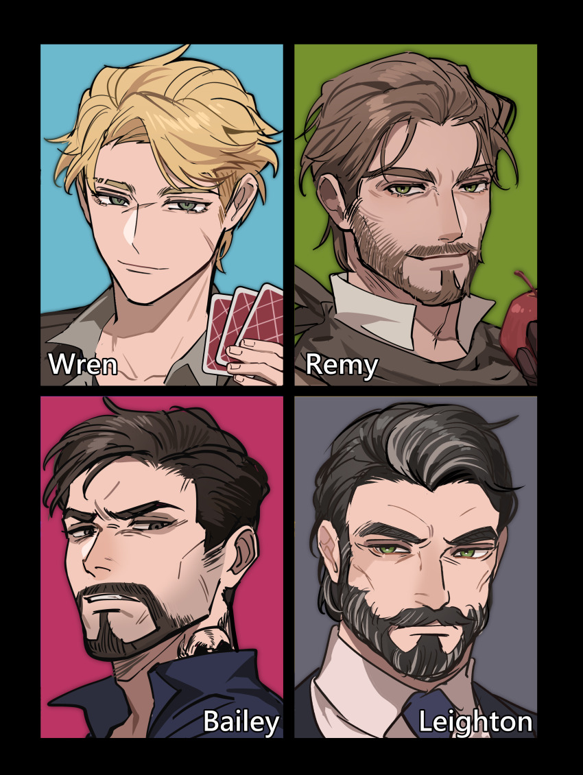 4boys, absurdres, bailey_(degrees_of_lewdity), bailey_(male)_(degrees_of_lewdity), beard, black_background, black_hair, blonde_hair