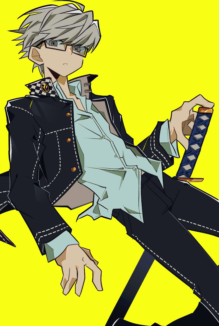1boy, black-framed_eyewear, black_jacket, black_pants, buttons, collared_shirt, commentary, dot_nose, dress_shirt, dutch_angle, feet_out_of_frame, grey_eyes, grey_hair, hand_on_weapon, highres, jacket, katana, layered_sleeves, long_sleeves, looking_at_viewer, male_focus, narukami_yu, o_omome, open_clothes, open_collar, open_jacket, pants, parted_lips, persona, persona_4, popped_collar, rectangular_eyewear, ringed_eyes, school_uniform, shirt, short_hair, simple_background, solo, sword, untranslatable_commentary, weapon, white_shirt, yasogami_school_uniform, yellow_background