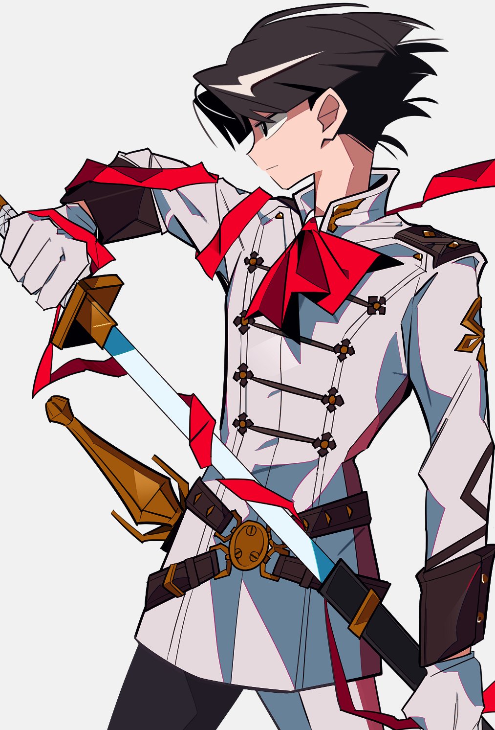 1boy, ace_attorney, arm_up, ascot, asymmetrical_legwear, belt, black_belt, black_hair