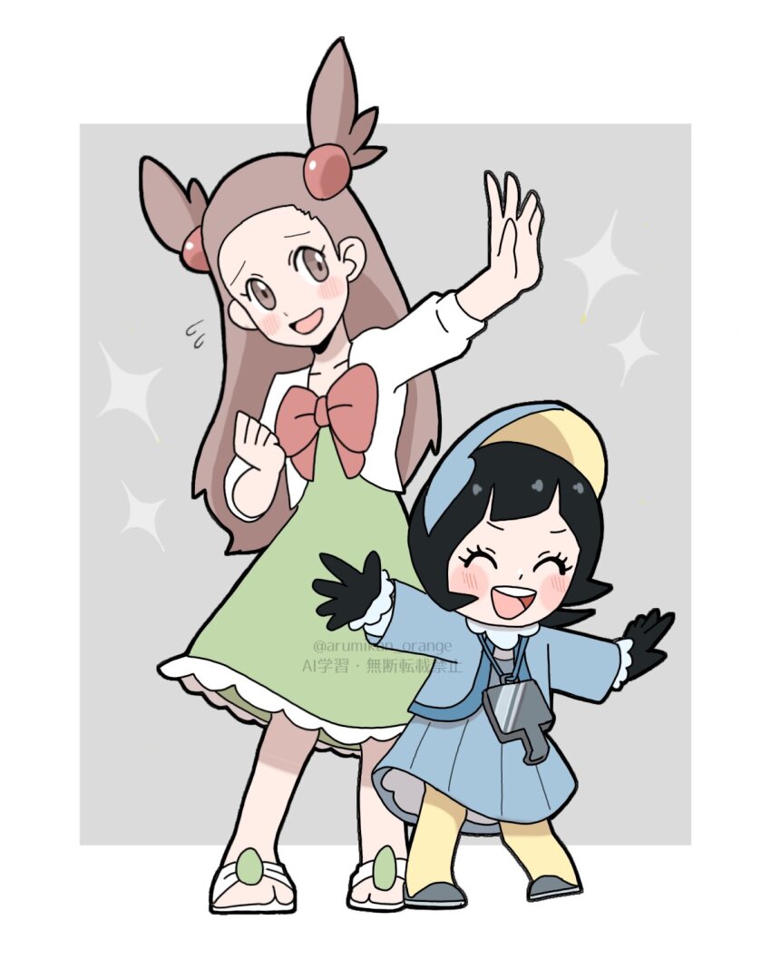 2girls, black_gloves, black_hair, blue_dress, blush, brown_eyes, brown_hair, closed_eyes, dress, eyelashes, flying_sweatdrops, full_body, gloves, green_dress, hanecco_(arumican_orange), highres, jasmine_(pokemon), long_hair, multiple_girls, nintendo, open_mouth, pokemon, pokemon_heartgold_and_soulsilver, pokemon_scarlet_and_violet, poppy_(pokemon), short_hair, teeth, twitter_username, upper_teeth_only, visor_cap