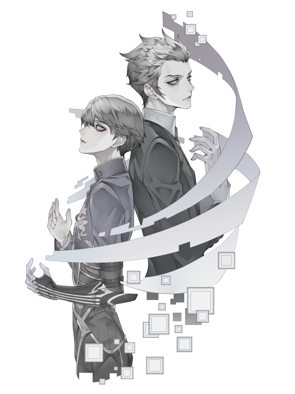 2boys, arm_up, back-to-back, closed_mouth, collared_jacket, commentary, cropped_torso, eyelashes