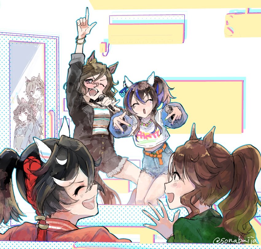 6+girls, :d, ;d, ^_^, animal_ears, black_hair, black_jacket, black_shorts