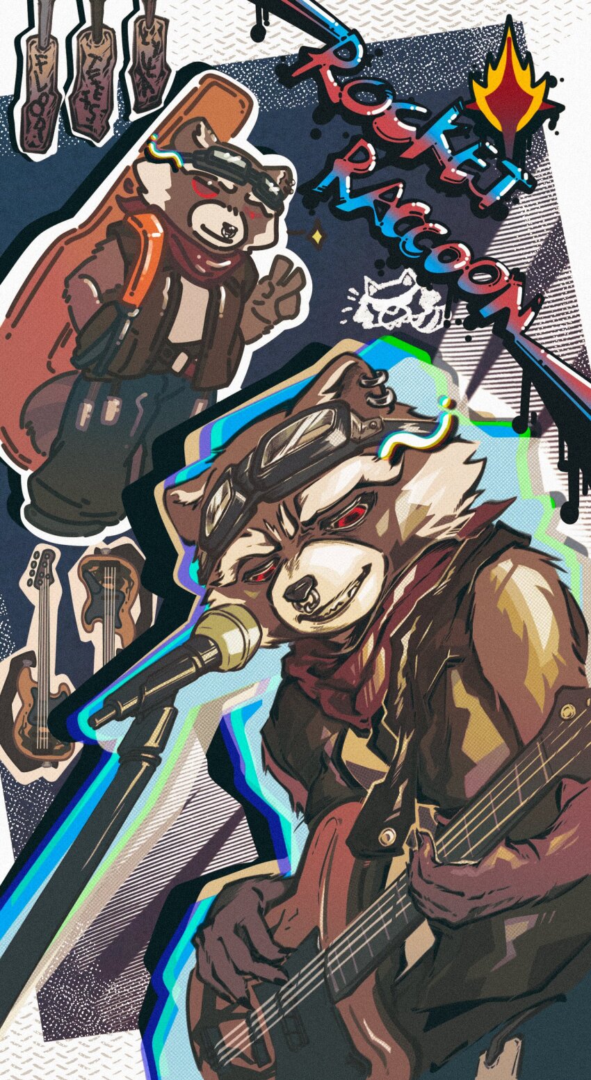 1boy, absurdres, animal_ears, bass_guitar, brown_vest, character_name, chinese_commentary, commentary_request