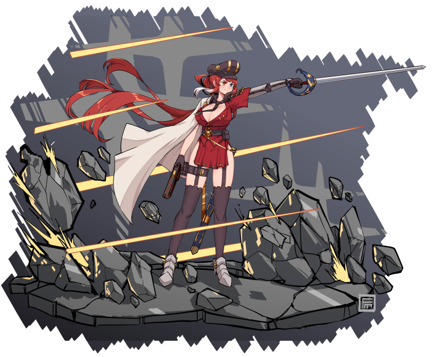 armored_shoes, asymmetrical_gloves, bare_hips, blue_eyes, breasts, cleavage, cleavage_cutout, clothing_cutout