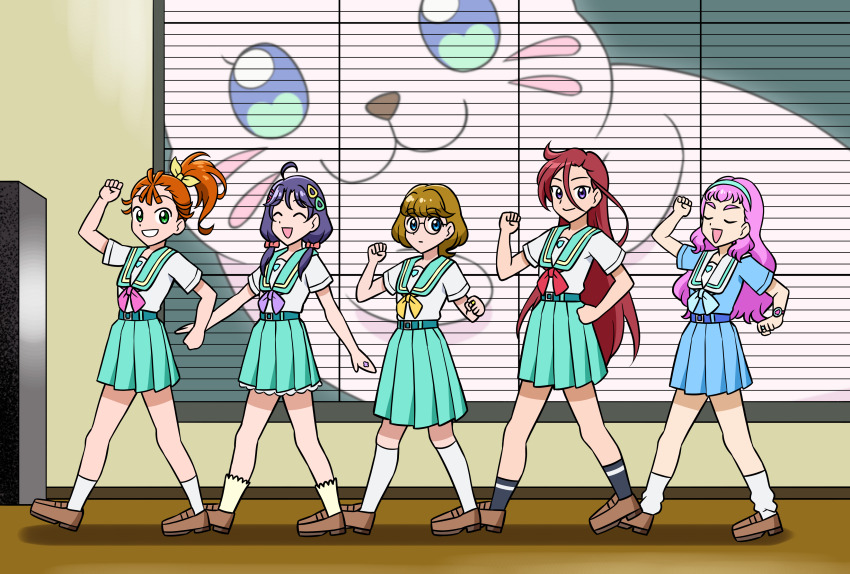 5girls, absurdres, ahoge, aozora_middle_school_uniform, aqua_belt, aqua_sailor_collar, aqua_skirt, belt